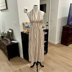 Indigo Rein Beige Striped Halter Maxi Dress